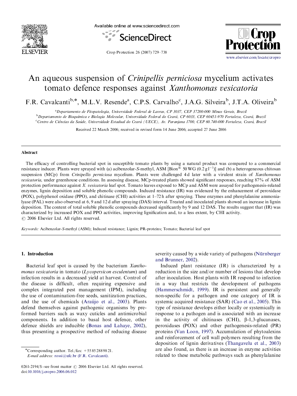 An aqueous suspension of Crinipellis perniciosa mycelium activates tomato defence responses against Xanthomonas vesicatoria