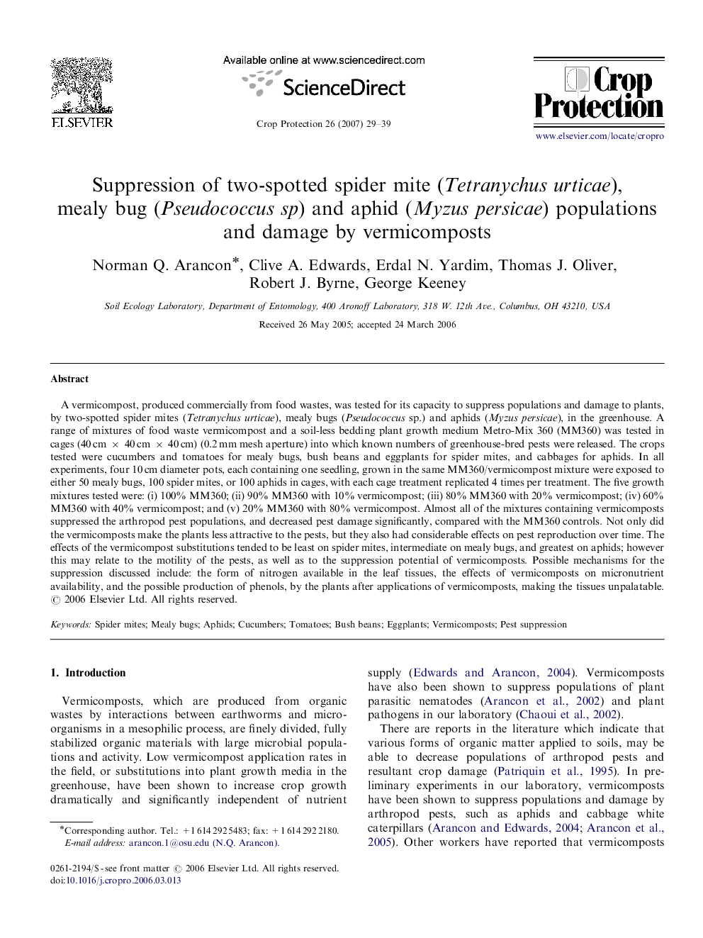 Suppression of two-spotted spider mite (Tetranychus urticae), mealy bug (Pseudococcus sp) and aphid (Myzus persicae) populations and damage by vermicomposts