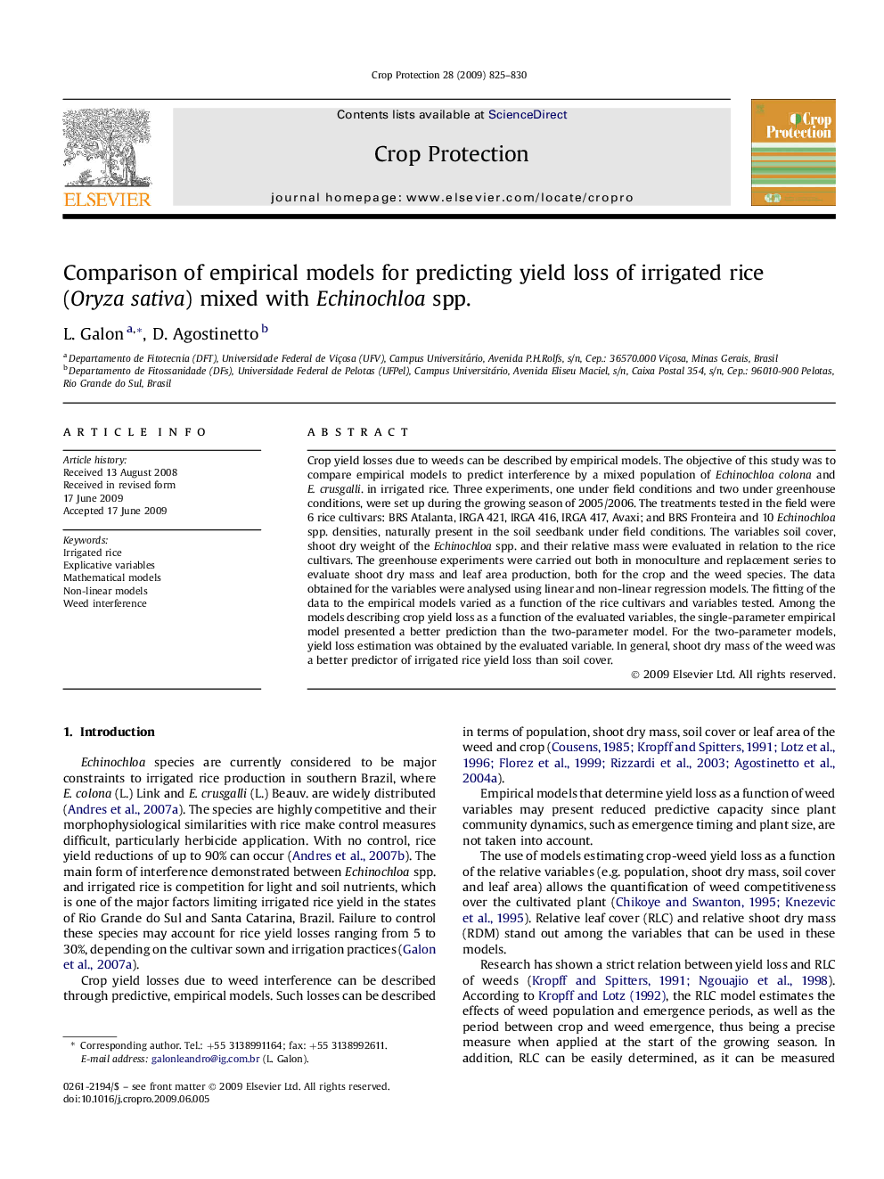 Comparison of empirical models for predicting yield loss of irrigated rice (Oryza sativa) mixed with Echinochloa spp.