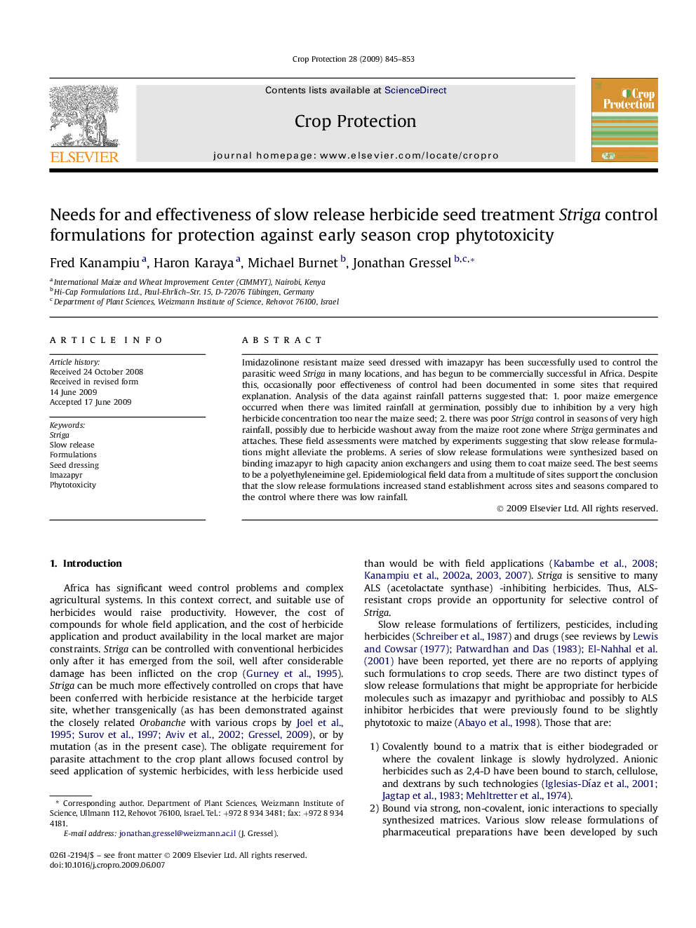 Needs for and effectiveness of slow release herbicide seed treatment Striga control formulations for protection against early season crop phytotoxicity