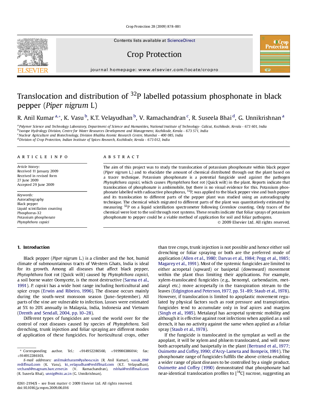 Translocation and distribution of 32P labelled potassium phosphonate in black pepper (Piper nigrum L)