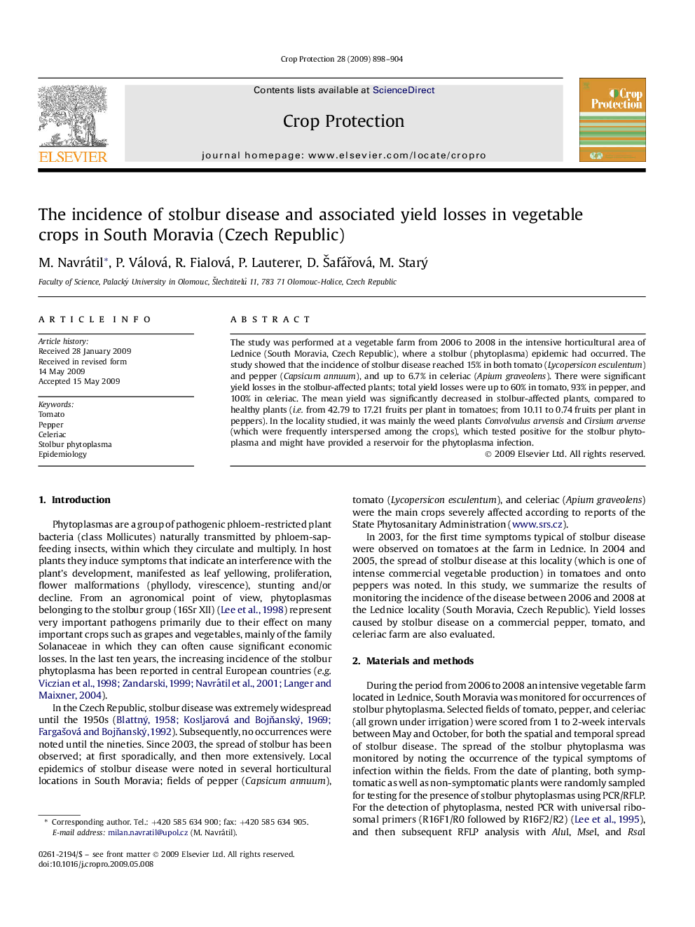 The incidence of stolbur disease and associated yield losses in vegetable crops in South Moravia (Czech Republic)