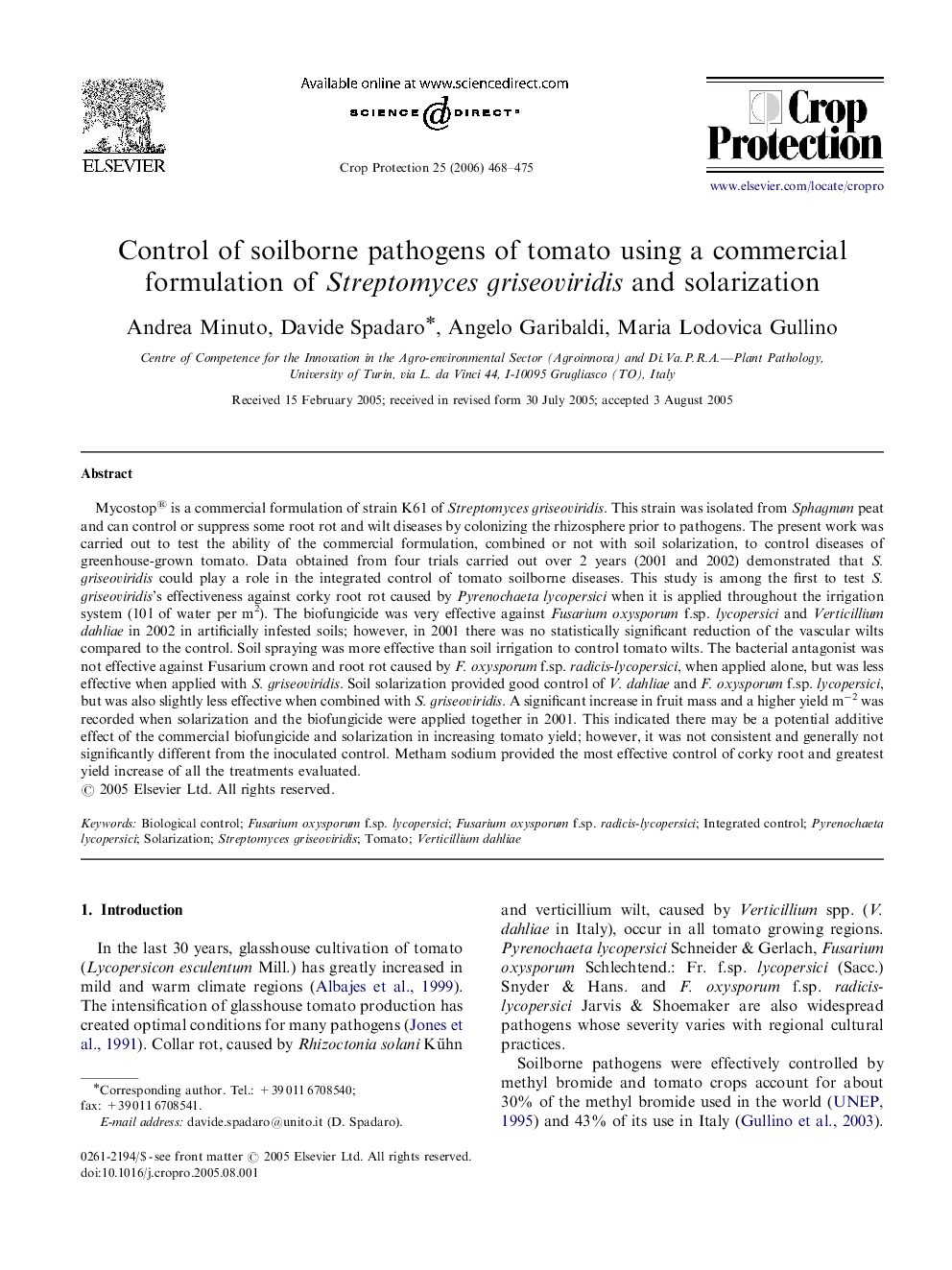 Control of soilborne pathogens of tomato using a commercial formulation of Streptomyces griseoviridis and solarization