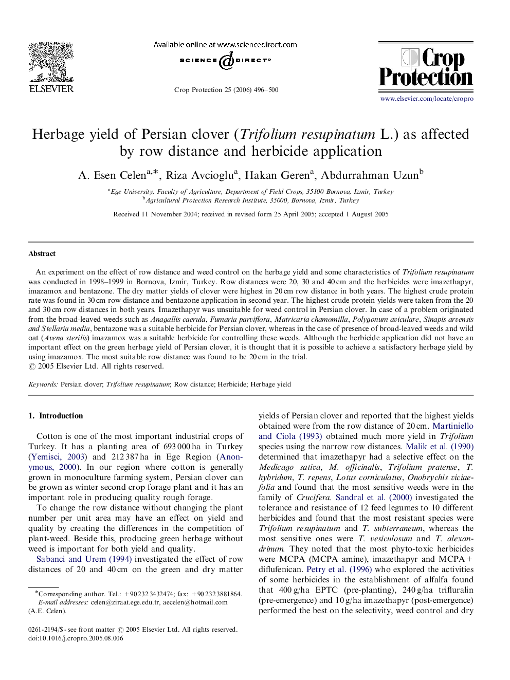 Herbage yield of Persian clover (Trifolium resupinatum L.) as affected by row distance and herbicide application