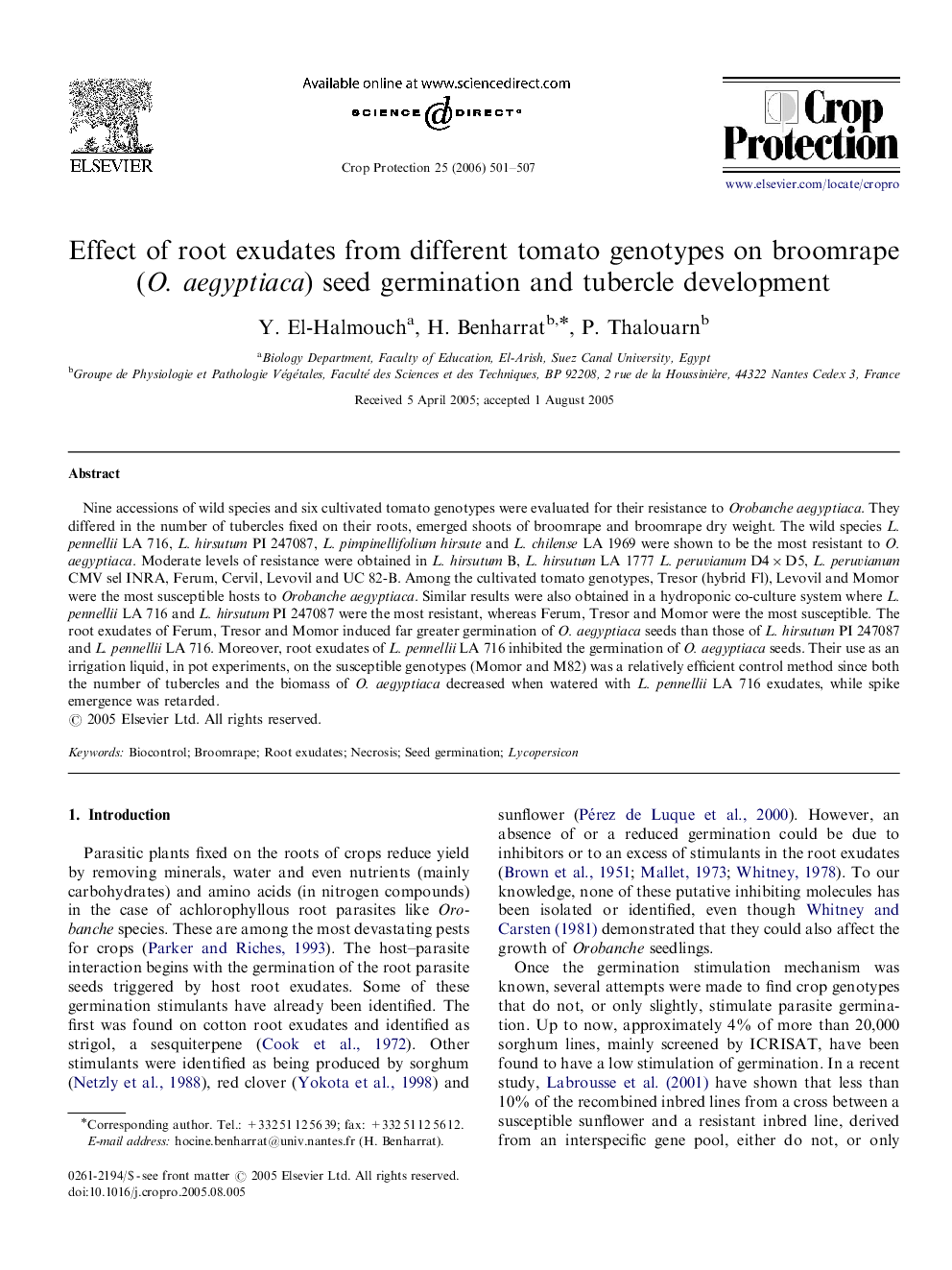 Effect of root exudates from different tomato genotypes on broomrape (O. aegyptiaca) seed germination and tubercle development