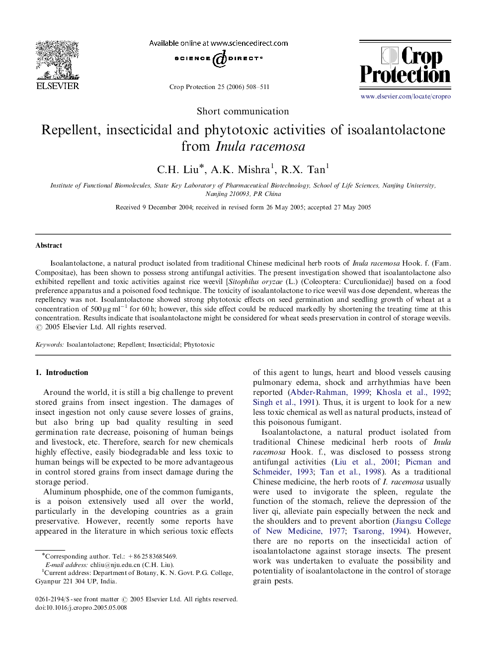 Repellent, insecticidal and phytotoxic activities of isoalantolactone from Inula racemosa