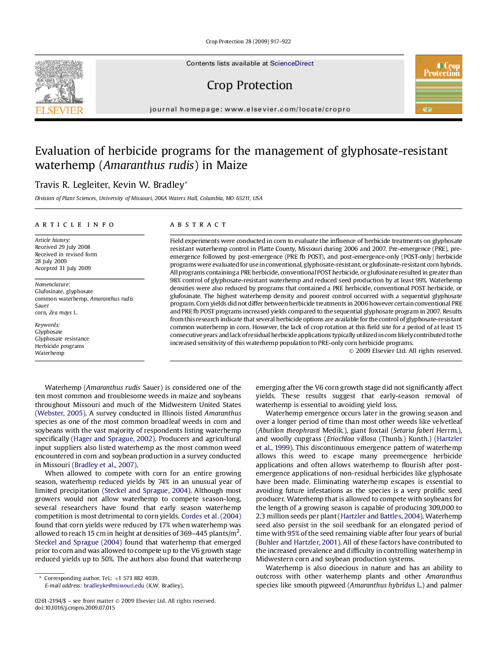 Evaluation of herbicide programs for the management of glyphosate-resistant waterhemp (Amaranthus rudis) in Maize