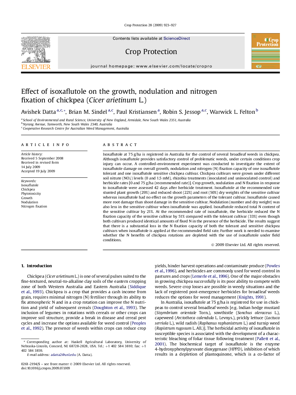 Effect of isoxaflutole on the growth, nodulation and nitrogen fixation of chickpea (Cicer arietinum L.)