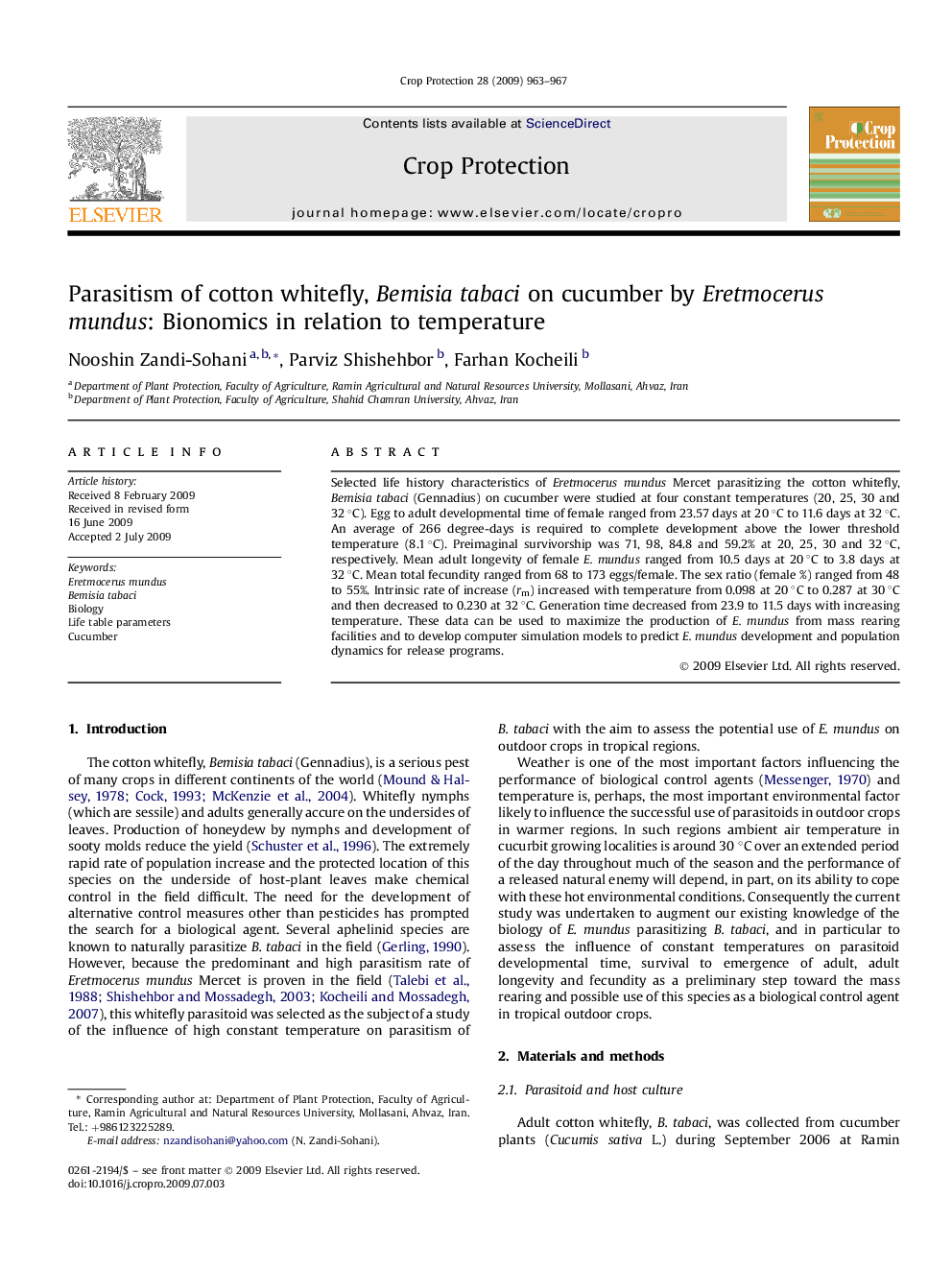 Parasitism of cotton whitefly, Bemisia tabaci on cucumber by Eretmocerus mundus: Bionomics in relation to temperature