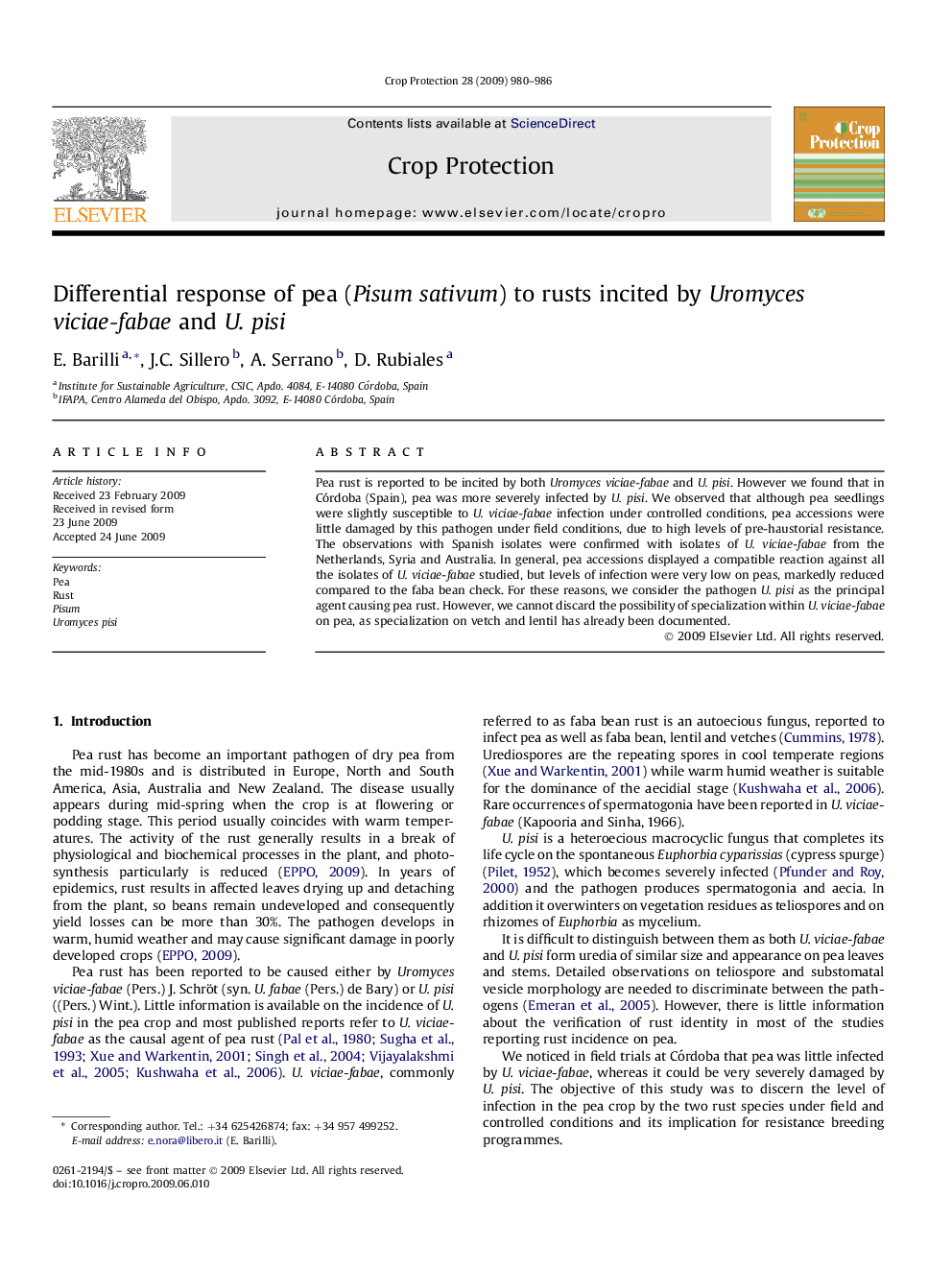 Differential response of pea (Pisum sativum) to rusts incited by Uromyces viciae-fabae and U. pisi