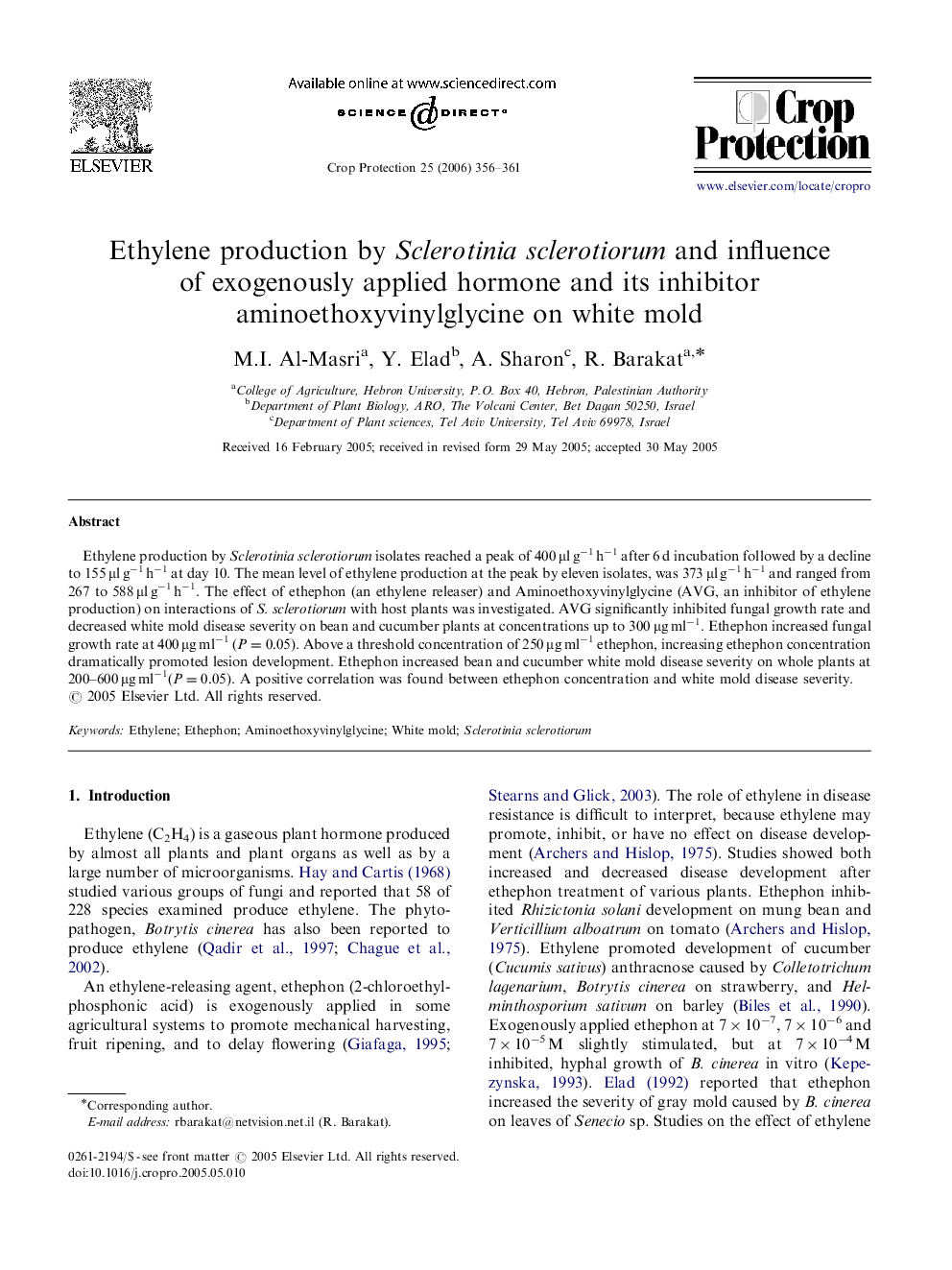 Ethylene production by Sclerotinia sclerotiorum and influence of exogenously applied hormone and its inhibitor aminoethoxyvinylglycine on white mold