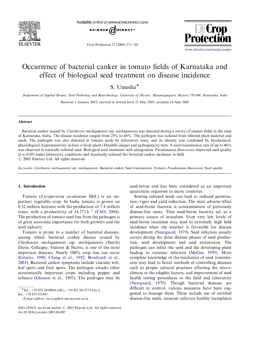 Occurrence of bacterial canker in tomato fields of Karnataka and effect of biological seed treatment on disease incidence