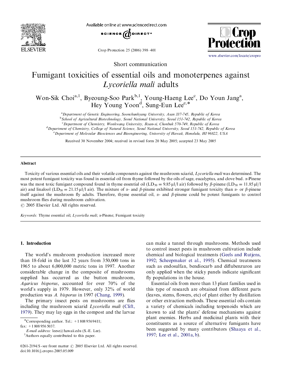 Fumigant toxicities of essential oils and monoterpenes against Lycoriella mali adults