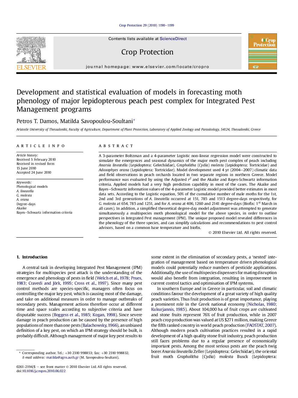 Development and statistical evaluation of models in forecasting moth phenology of major lepidopterous peach pest complex for Integrated Pest Management programs