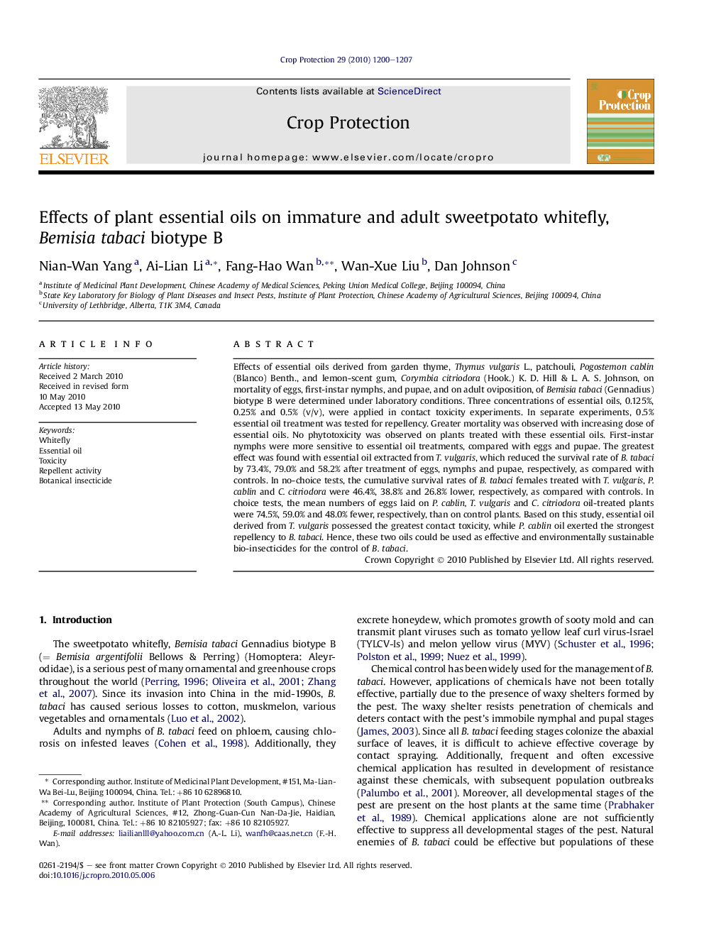 Effects of plant essential oils on immature and adult sweetpotato whitefly, Bemisia tabaci biotype B