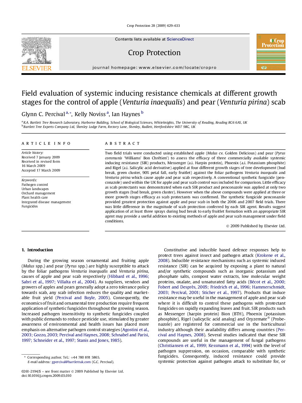 Field evaluation of systemic inducing resistance chemicals at different growth stages for the control of apple (Venturia inaequalis) and pear (Venturia pirina) scab