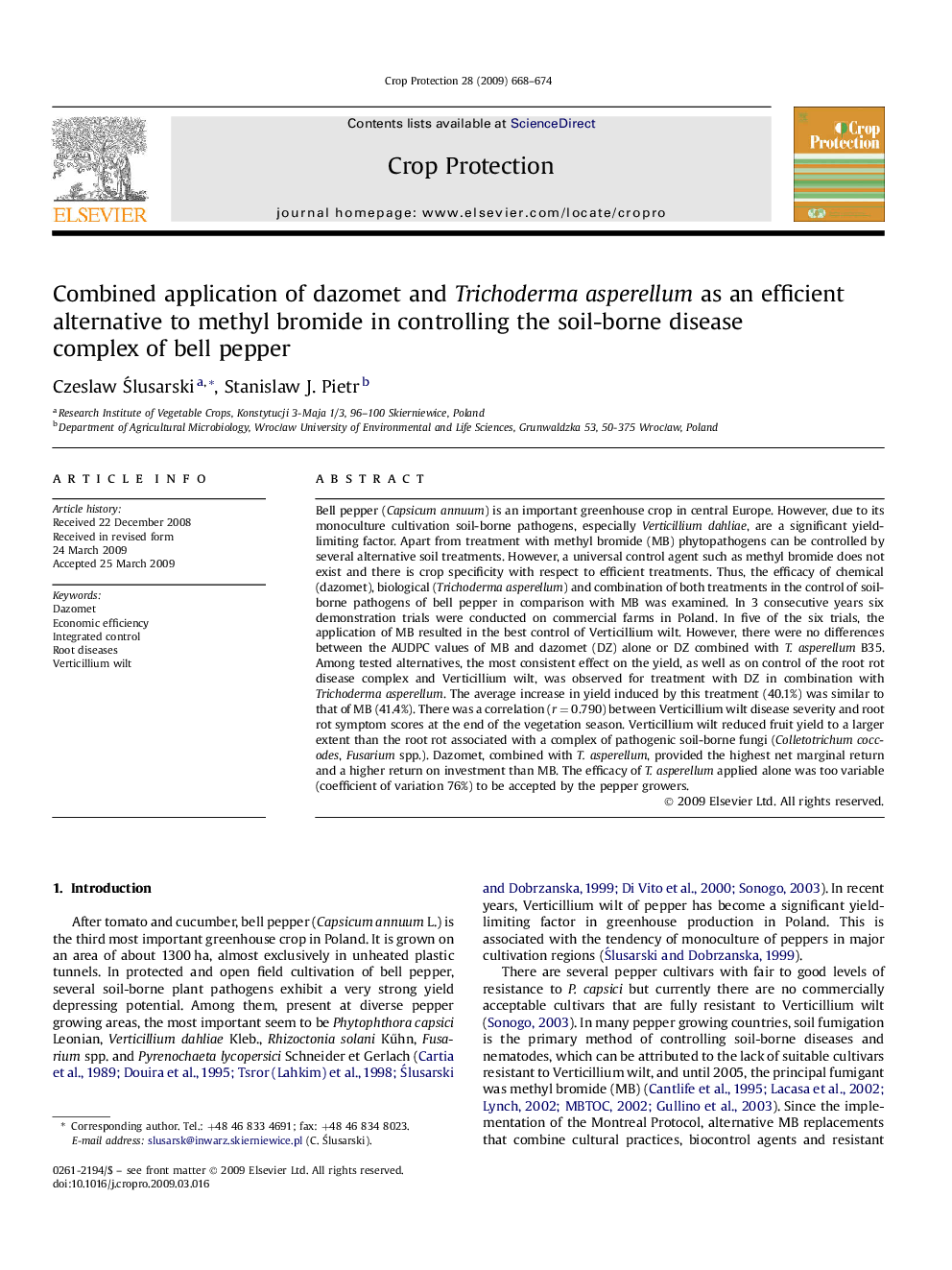 Combined application of dazomet and Trichoderma asperellum as an efficient alternative to methyl bromide in controlling the soil-borne disease complex of bell pepper