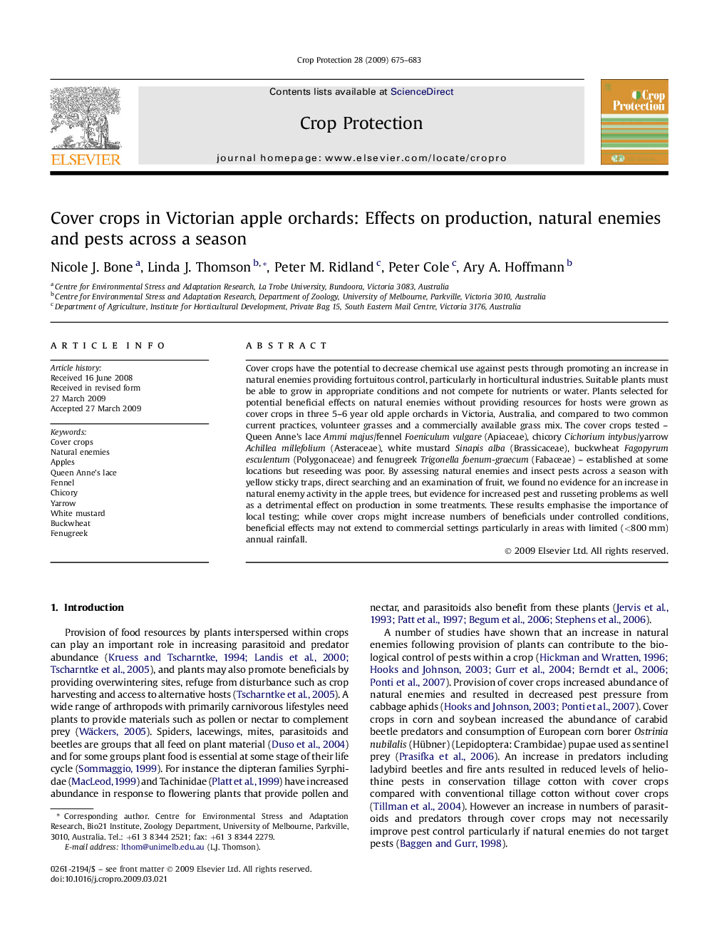 Cover crops in Victorian apple orchards: Effects on production, natural enemies and pests across a season