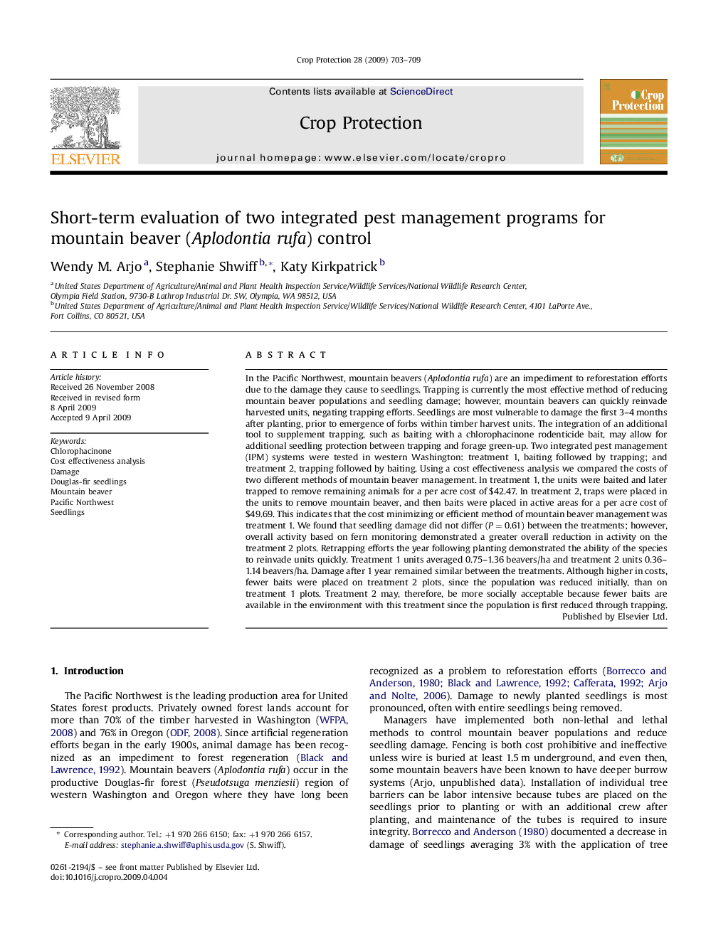 Short-term evaluation of two integrated pest management programs for mountain beaver (Aplodontia rufa) control