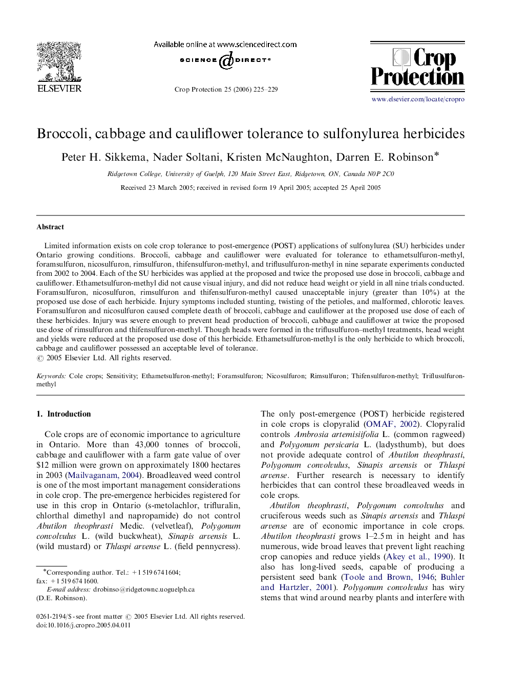 Broccoli, cabbage and cauliflower tolerance to sulfonylurea herbicides