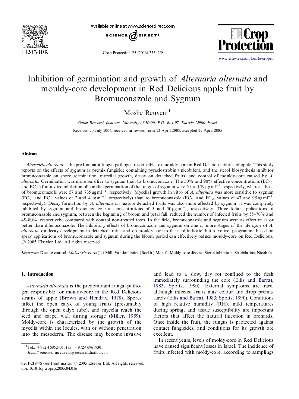 Inhibition of germination and growth of Alternaria alternata and mouldy-core development in Red Delicious apple fruit by Bromuconazole and Sygnum