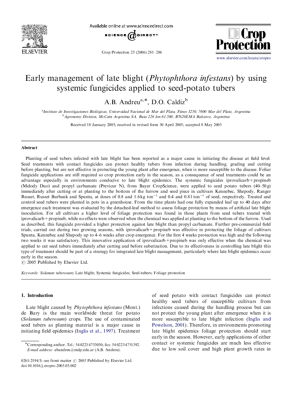 Early management of late blight (Phytophthora infestans) by using systemic fungicides applied to seed-potato tubers