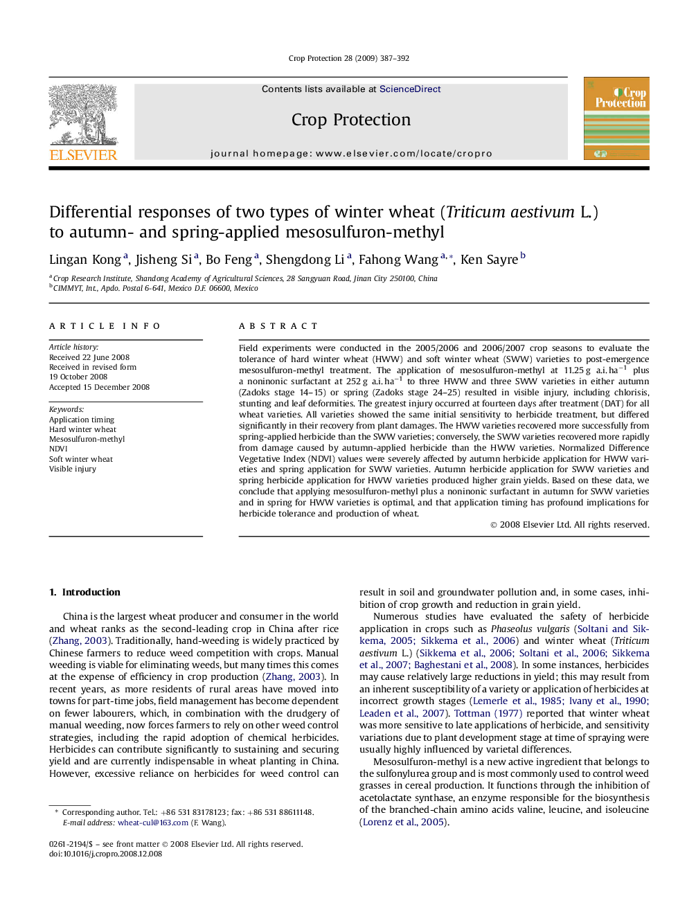 Differential responses of two types of winter wheat (Triticum aestivum L.) to autumn- and spring-applied mesosulfuron-methyl