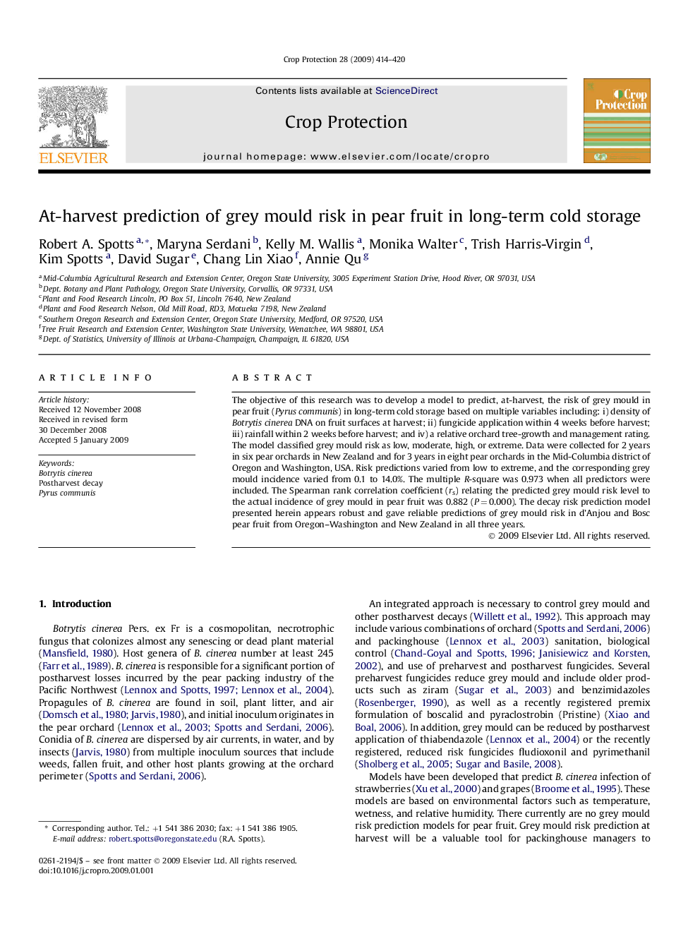 At-harvest prediction of grey mould risk in pear fruit in long-term cold storage