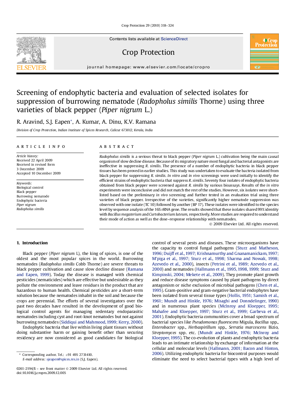 Screening of endophytic bacteria and evaluation of selected isolates for suppression of burrowing nematode (Radopholus similis Thorne) using three varieties of black pepper (Piper nigrum L.)