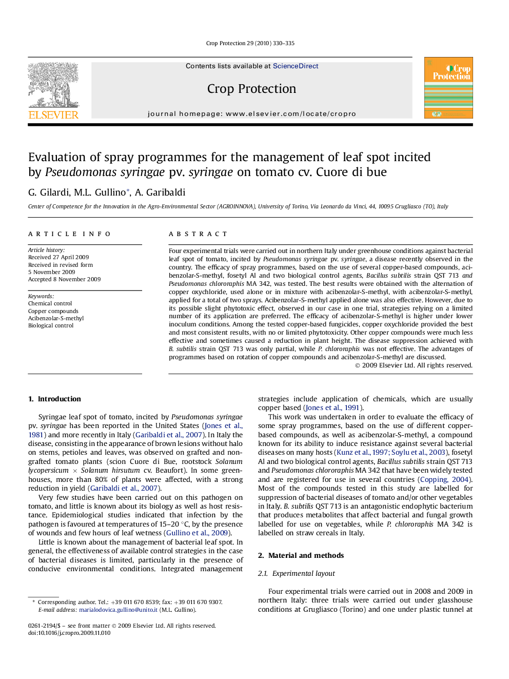 Evaluation of spray programmes for the management of leaf spot incited by Pseudomonas syringae pv. syringae on tomato cv. Cuore di bue