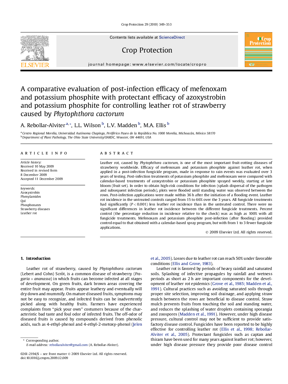 A comparative evaluation of post-infection efficacy of mefenoxam and potassium phosphite with protectant efficacy of azoxystrobin and potassium phosphite for controlling leather rot of strawberry caused by Phytophthora cactorum