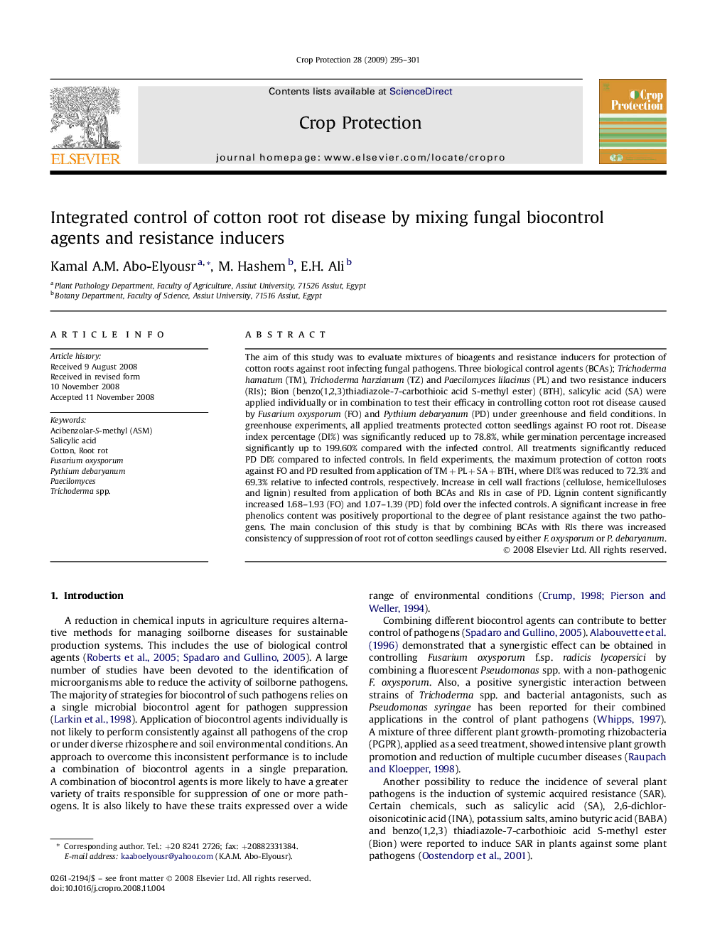 Integrated control of cotton root rot disease by mixing fungal biocontrol agents and resistance inducers