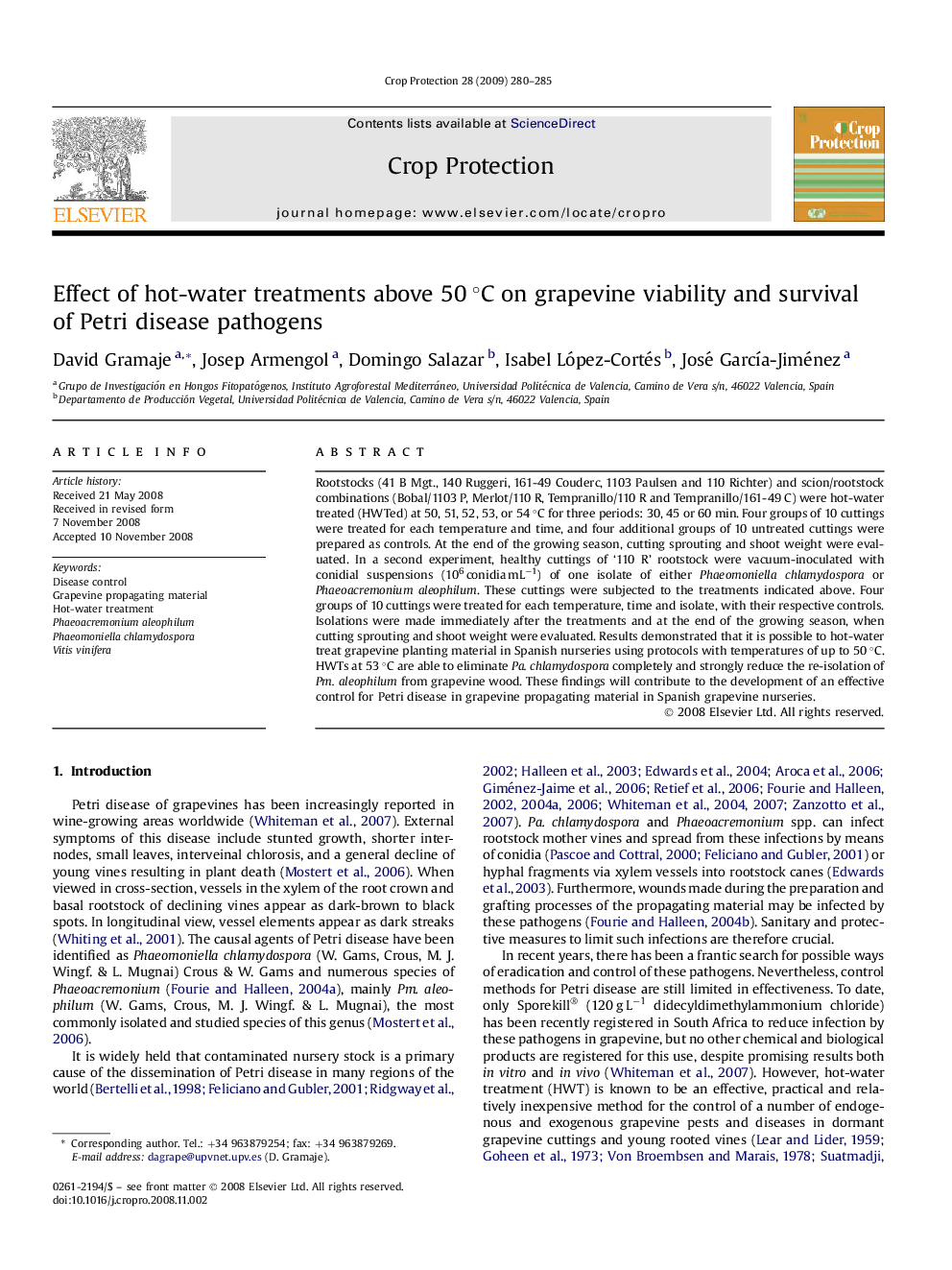 Effect of hot-water treatments above 50 °C on grapevine viability and survival of Petri disease pathogens