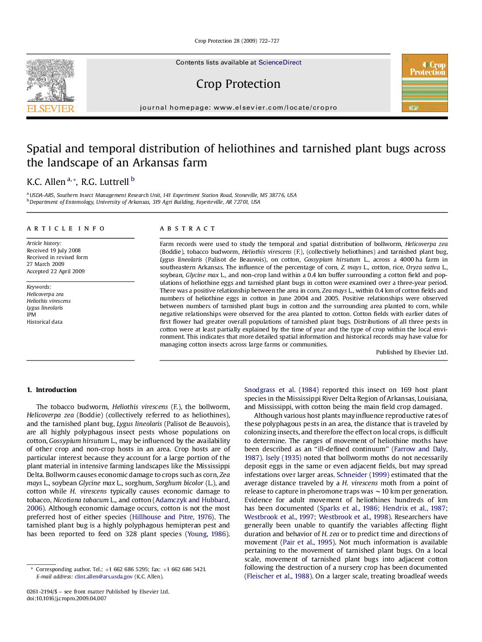 Spatial and temporal distribution of heliothines and tarnished plant bugs across the landscape of an Arkansas farm