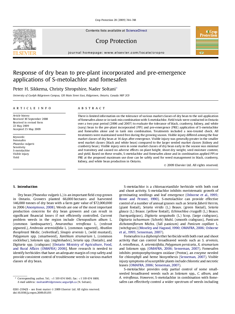 Response of dry bean to pre-plant incorporated and pre-emergence applications of S-metolachlor and fomesafen