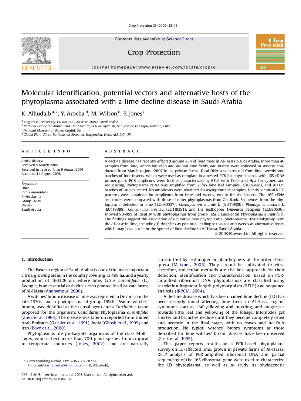 Molecular identification, potential vectors and alternative hosts of the phytoplasma associated with a lime decline disease in Saudi Arabia