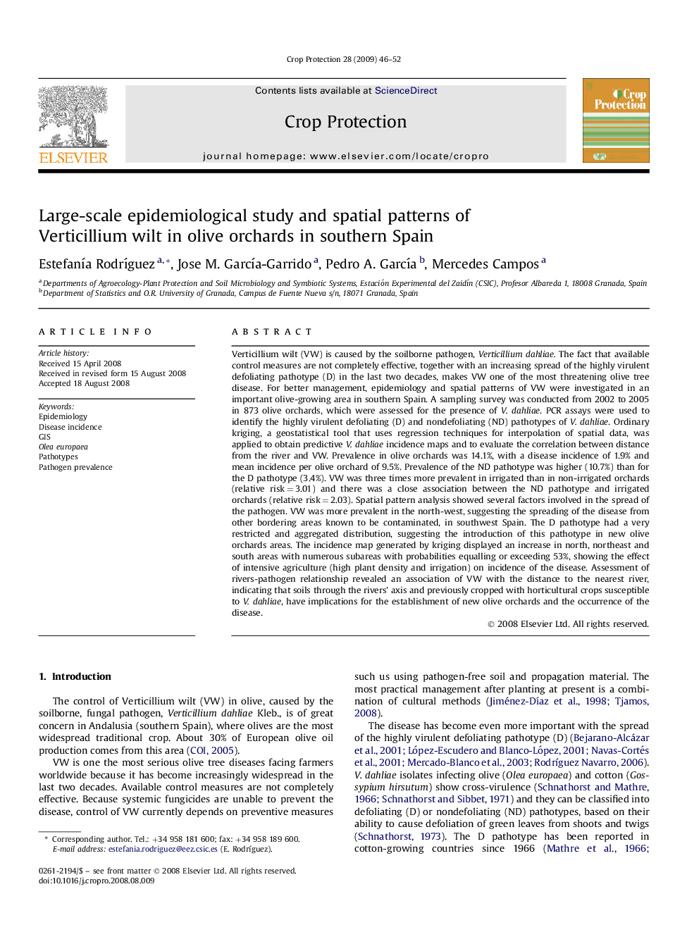 Large-scale epidemiological study and spatial patterns of Verticillium wilt in olive orchards in southern Spain