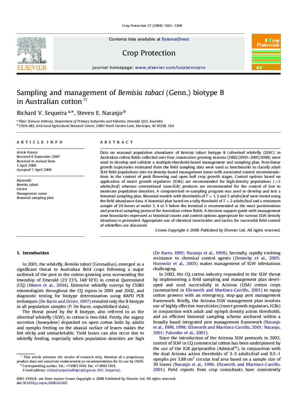 Sampling and management of Bemisia tabaci (Genn.) biotype B in Australian cotton 