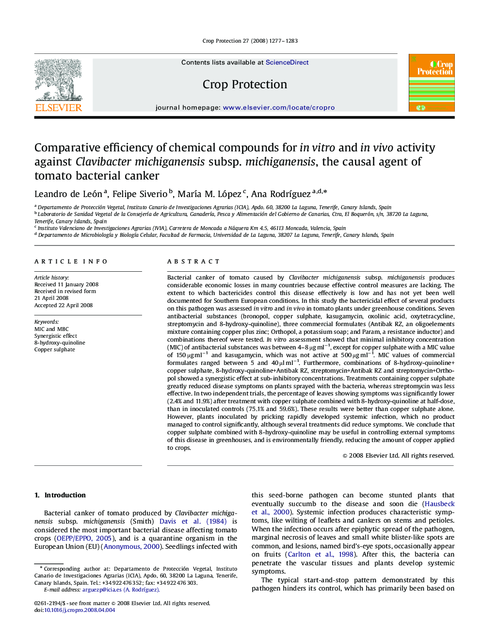 Comparative efficiency of chemical compounds for in vitro and in vivo activity against Clavibacter michiganensis subsp. michiganensis, the causal agent of tomato bacterial canker