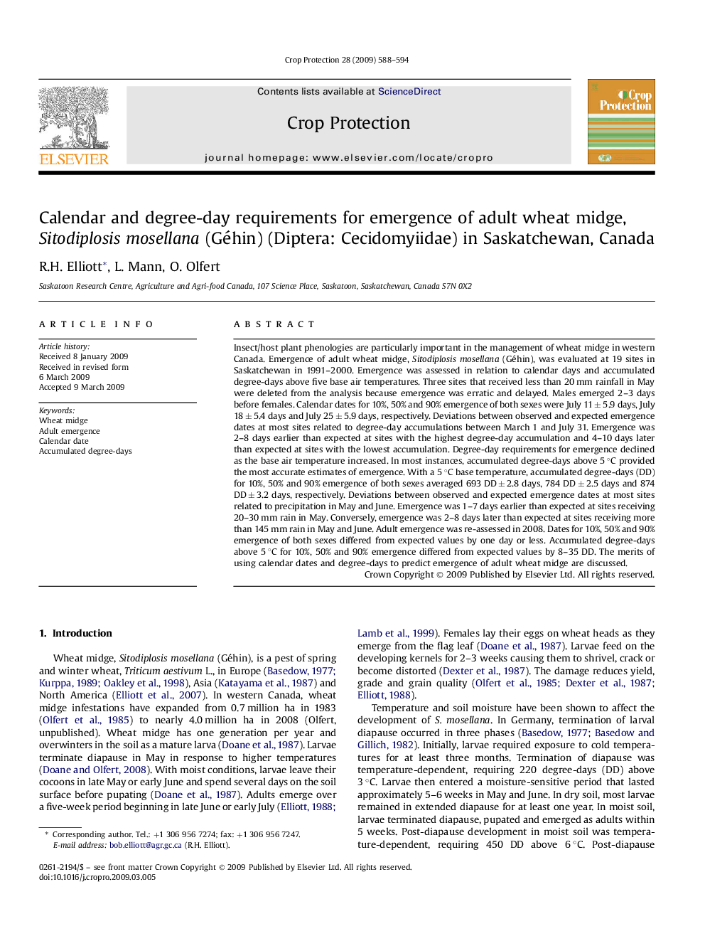 Calendar and degree-day requirements for emergence of adult wheat midge, Sitodiplosis mosellana (Géhin) (Diptera: Cecidomyiidae) in Saskatchewan, Canada