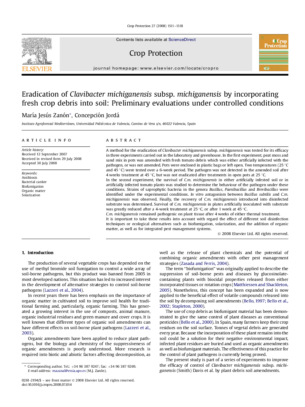 Eradication of Clavibacter michiganensis subsp. michiganensis by incorporating fresh crop debris into soil: Preliminary evaluations under controlled conditions