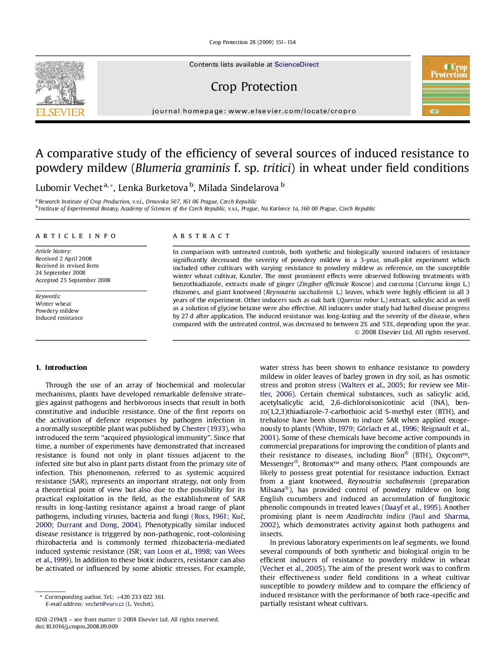 A comparative study of the efficiency of several sources of induced resistance to powdery mildew (Blumeria graminis f. sp. tritici) in wheat under field conditions