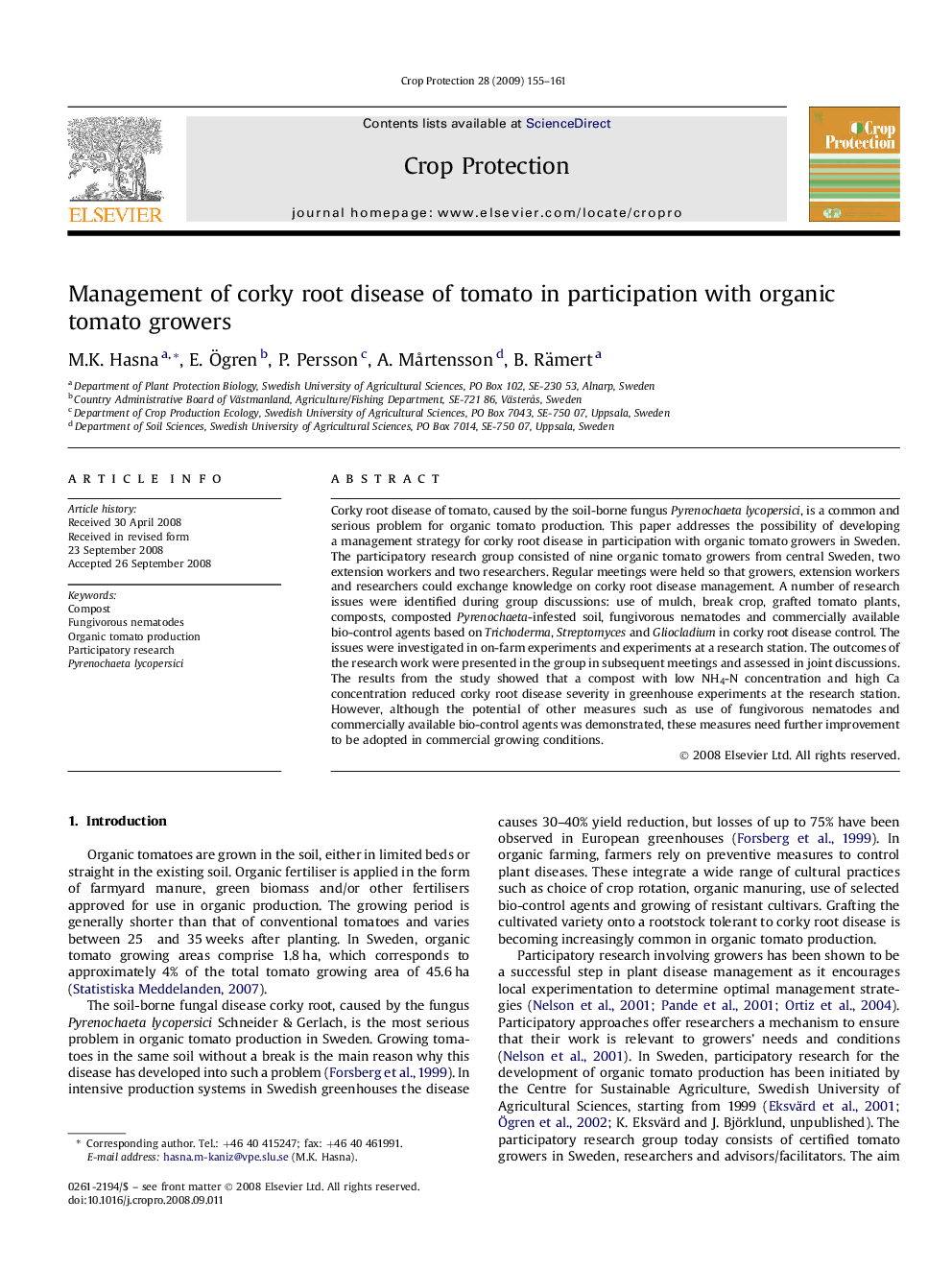 Management of corky root disease of tomato in participation with organic tomato growers