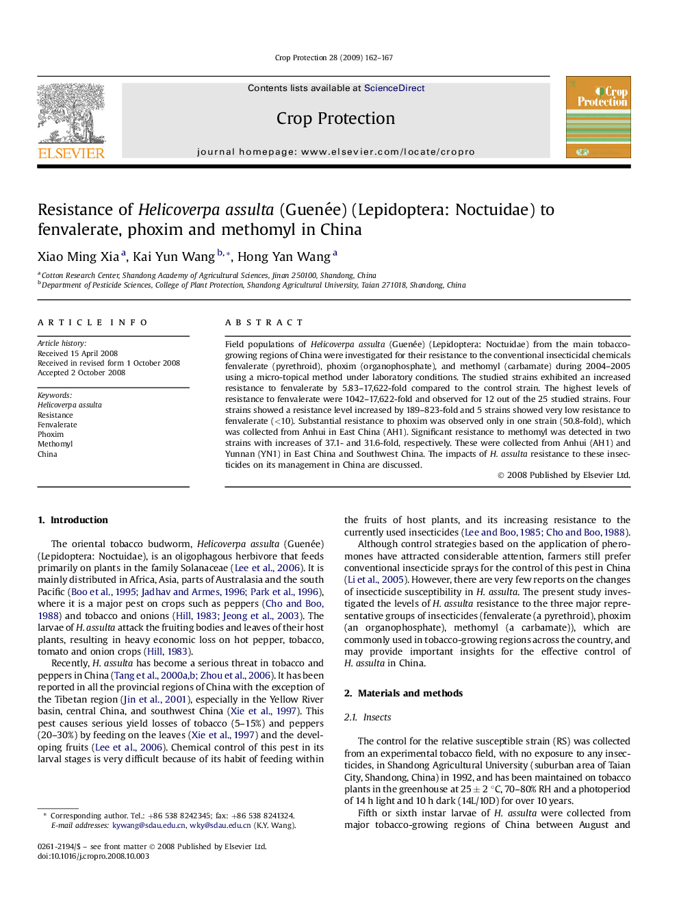 Resistance of Helicoverpa assulta (Guenée) (Lepidoptera: Noctuidae) to fenvalerate, phoxim and methomyl in China