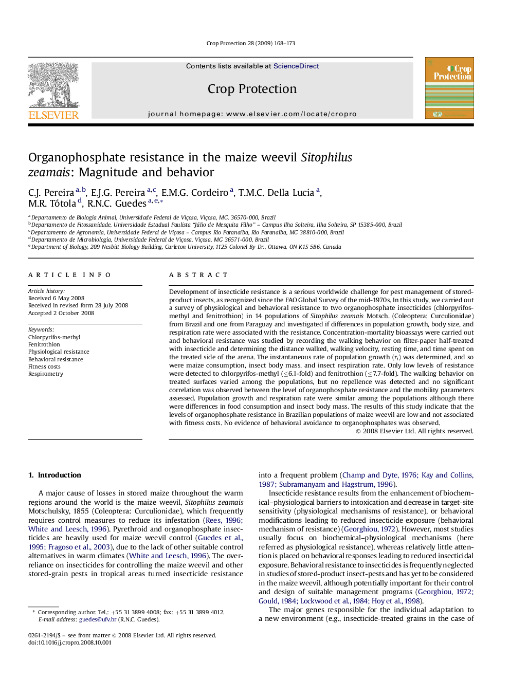 Organophosphate resistance in the maize weevil Sitophilus zeamais: Magnitude and behavior