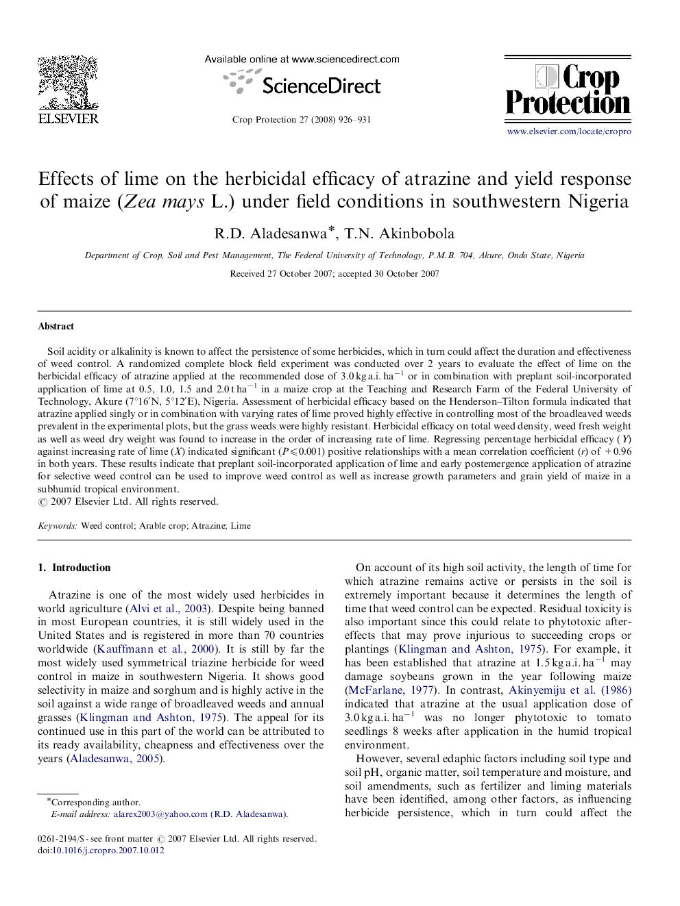 Effects of lime on the herbicidal efficacy of atrazine and yield response of maize (Zea mays L.) under field conditions in southwestern Nigeria