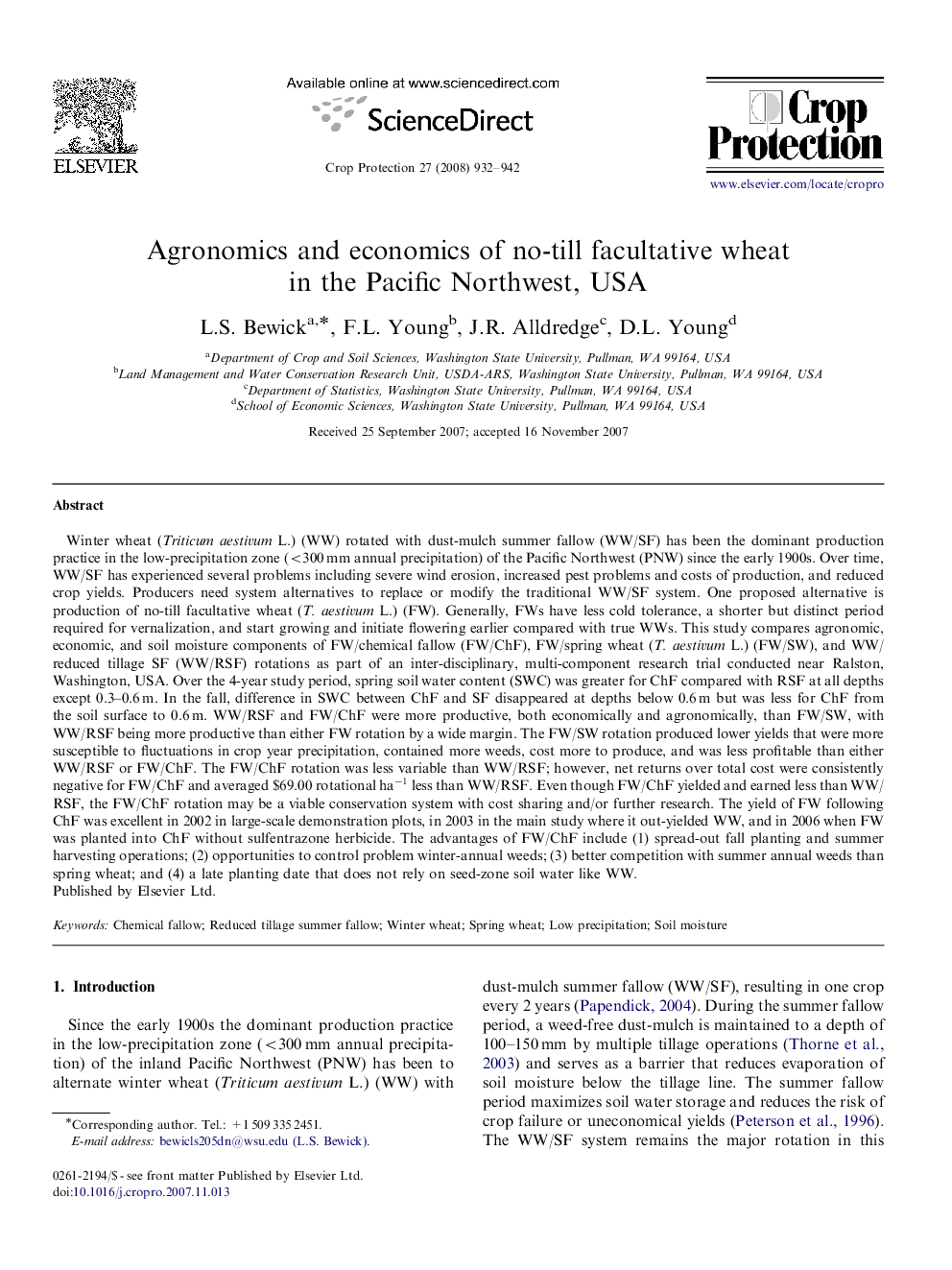 Agronomics and economics of no-till facultative wheat in the Pacific Northwest, USA