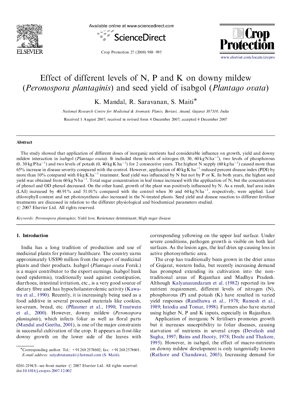 Effect of different levels of N, P and K on downy mildew (Peronospora plantaginis) and seed yield of isabgol (Plantago ovata)