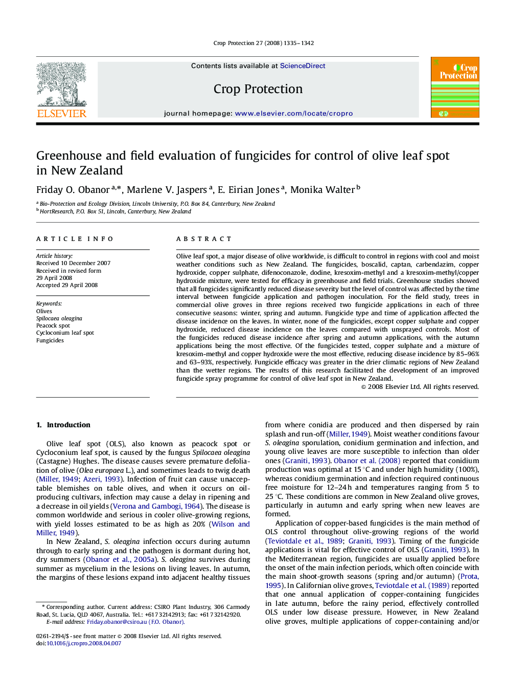 Greenhouse and field evaluation of fungicides for control of olive leaf spot in New Zealand