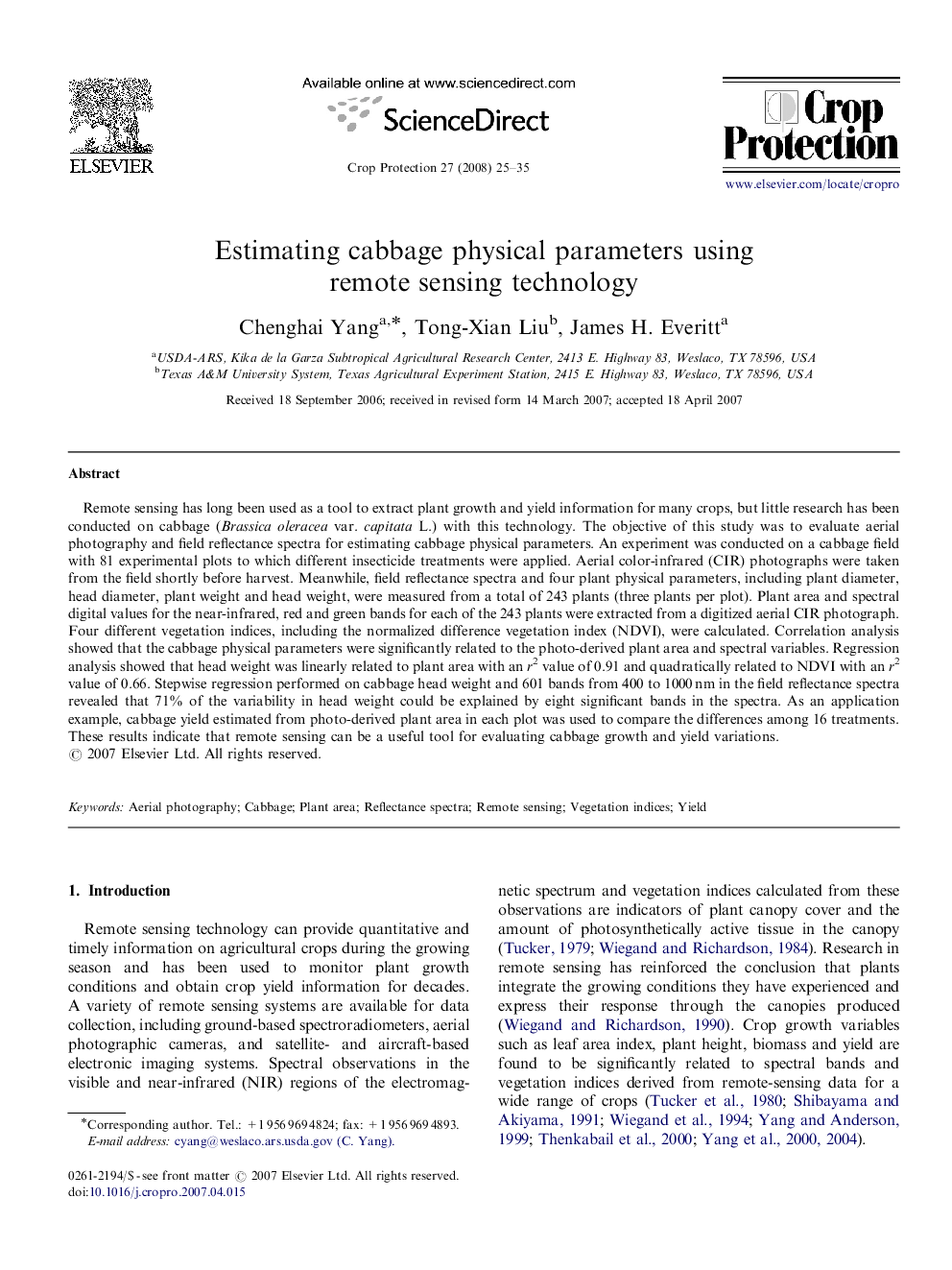 Estimating cabbage physical parameters using remote sensing technology